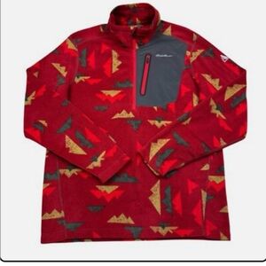 Eddie Bauer Men's Red and Gray Patterned Pullover